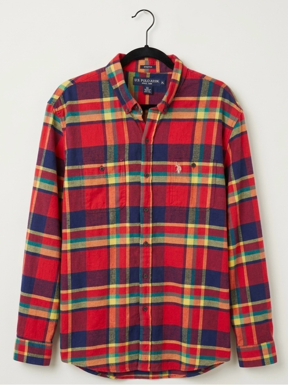 U.S. Polo Assn. Red Plaid Button-Down Shirt with Navy and Yellow Accents size xl